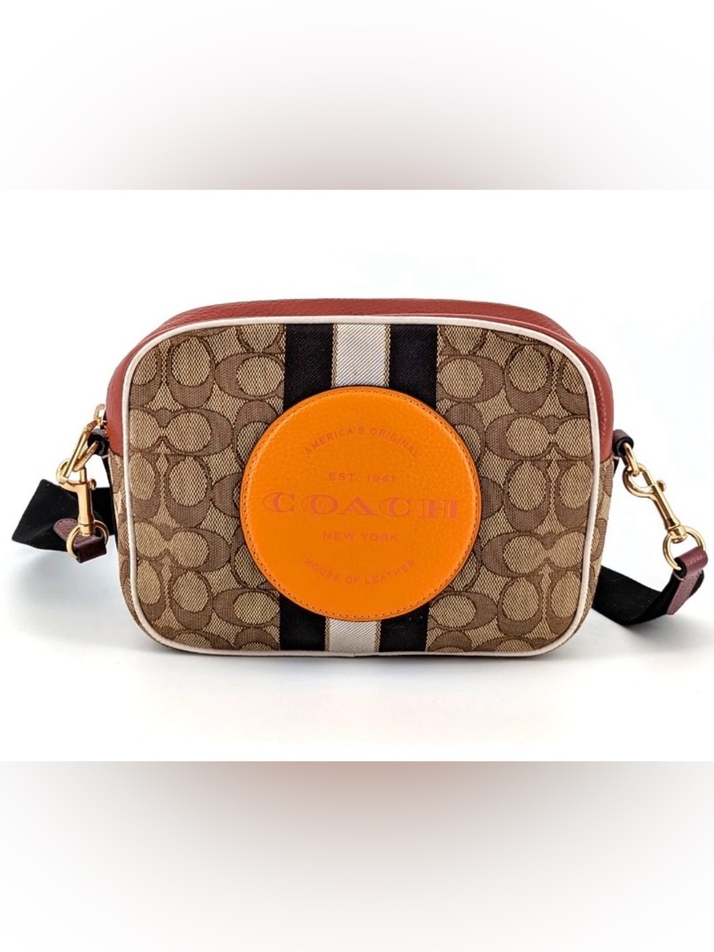 COACH 1912 Dempsey Camera Bag in sig jacquard, stripe & orange patch. EUC